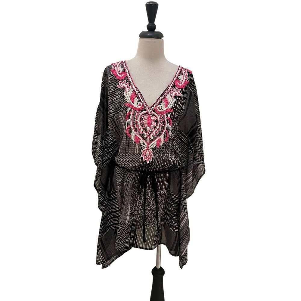 Flint and Moss Beach Women's Embroidered Kaftan Swim Cover Up Black Pink Small